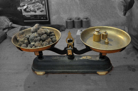 old scale with fresh truffles on one plate and weights on the other